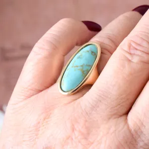 Natural Elongated Oval Cut Turquoise Vintage Southwestern Style Ring - 14k Gold Vermeil Rings