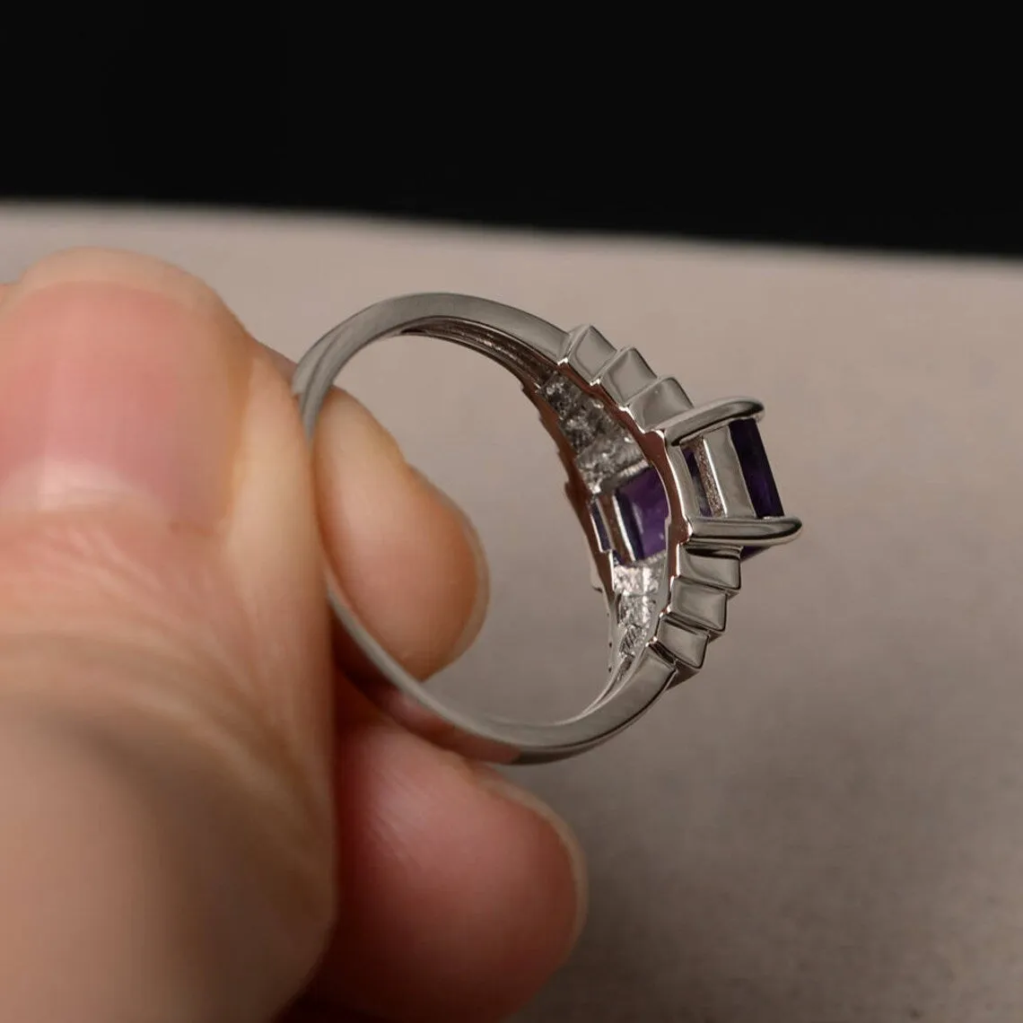 Natural Emerald Cut Amethyst Ring - 925 Sterling Silver Statement Ring