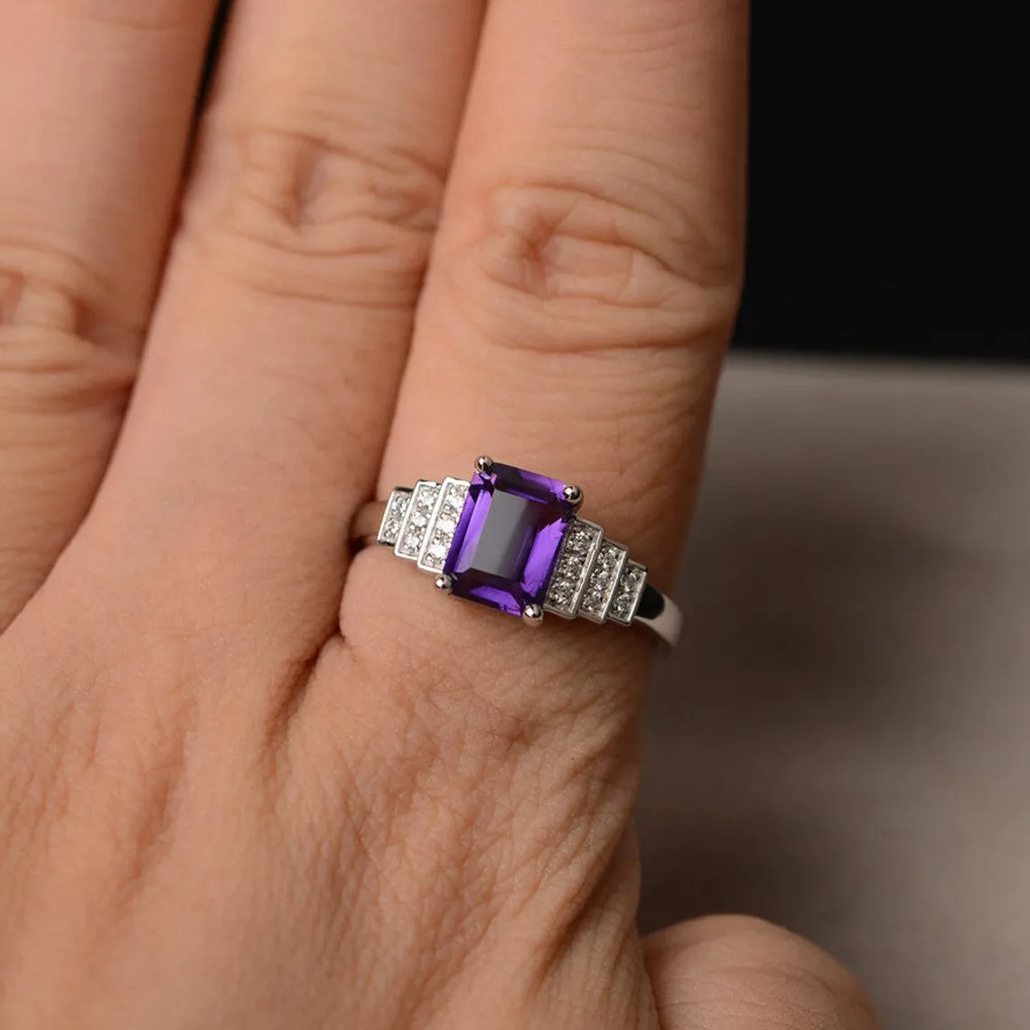 Natural Emerald Cut Amethyst Ring - 925 Sterling Silver Statement Ring