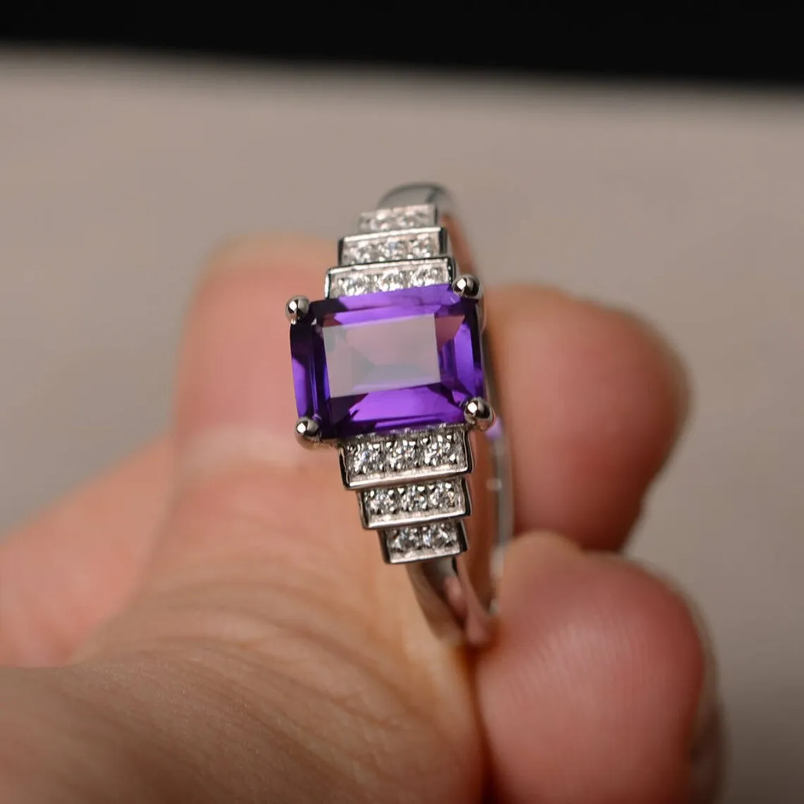 Natural Emerald Cut Amethyst Ring - 925 Sterling Silver Statement Ring