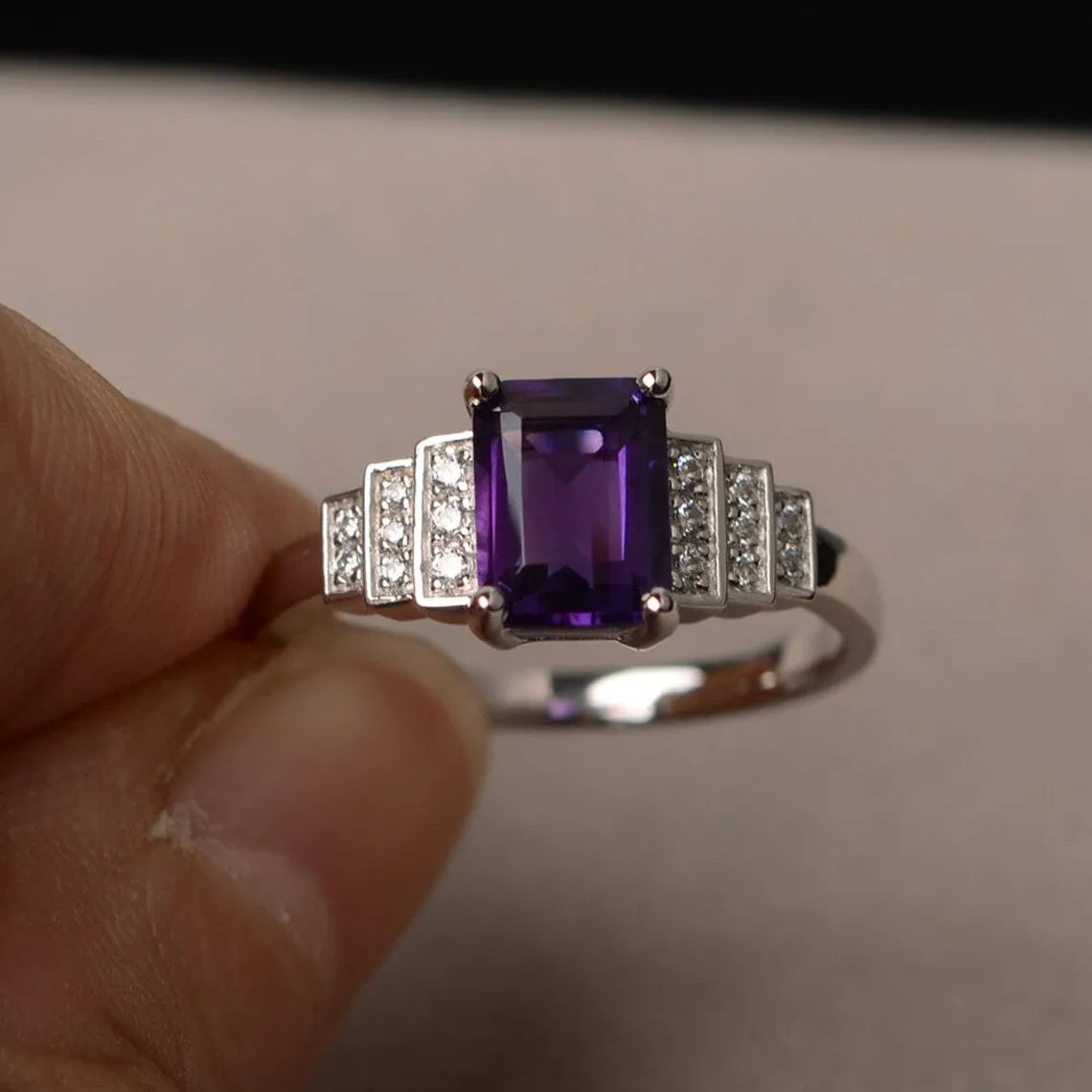 Natural Emerald Cut Amethyst Ring - 925 Sterling Silver Statement Ring