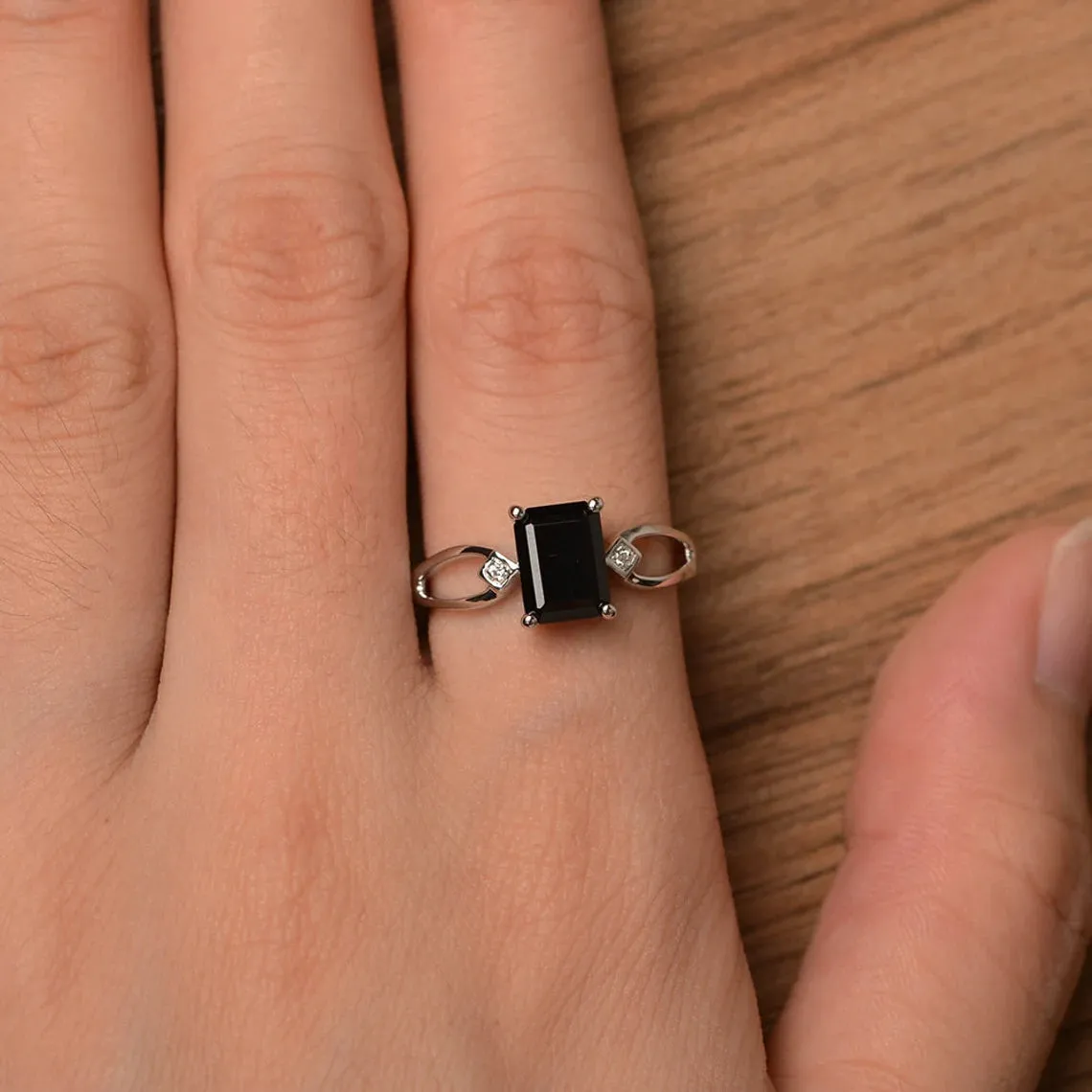 Natural Emerald Cut Black Onyx Promise Statement Rings  - 925 Sterling Silver Ring