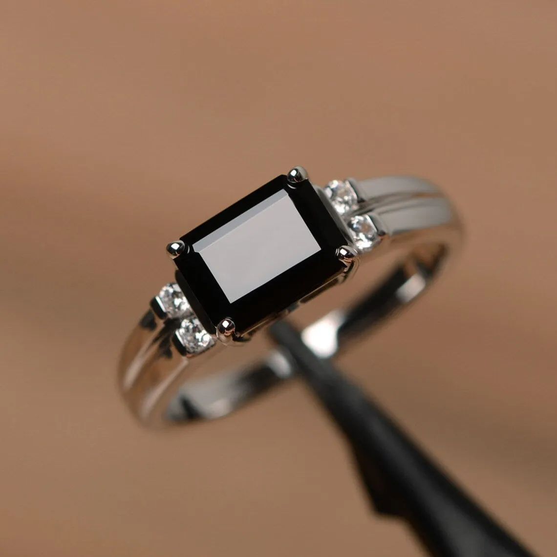 Natural Emerald Cut Black Onyx Solitaire Ring - 925 Sterling Silver Ring