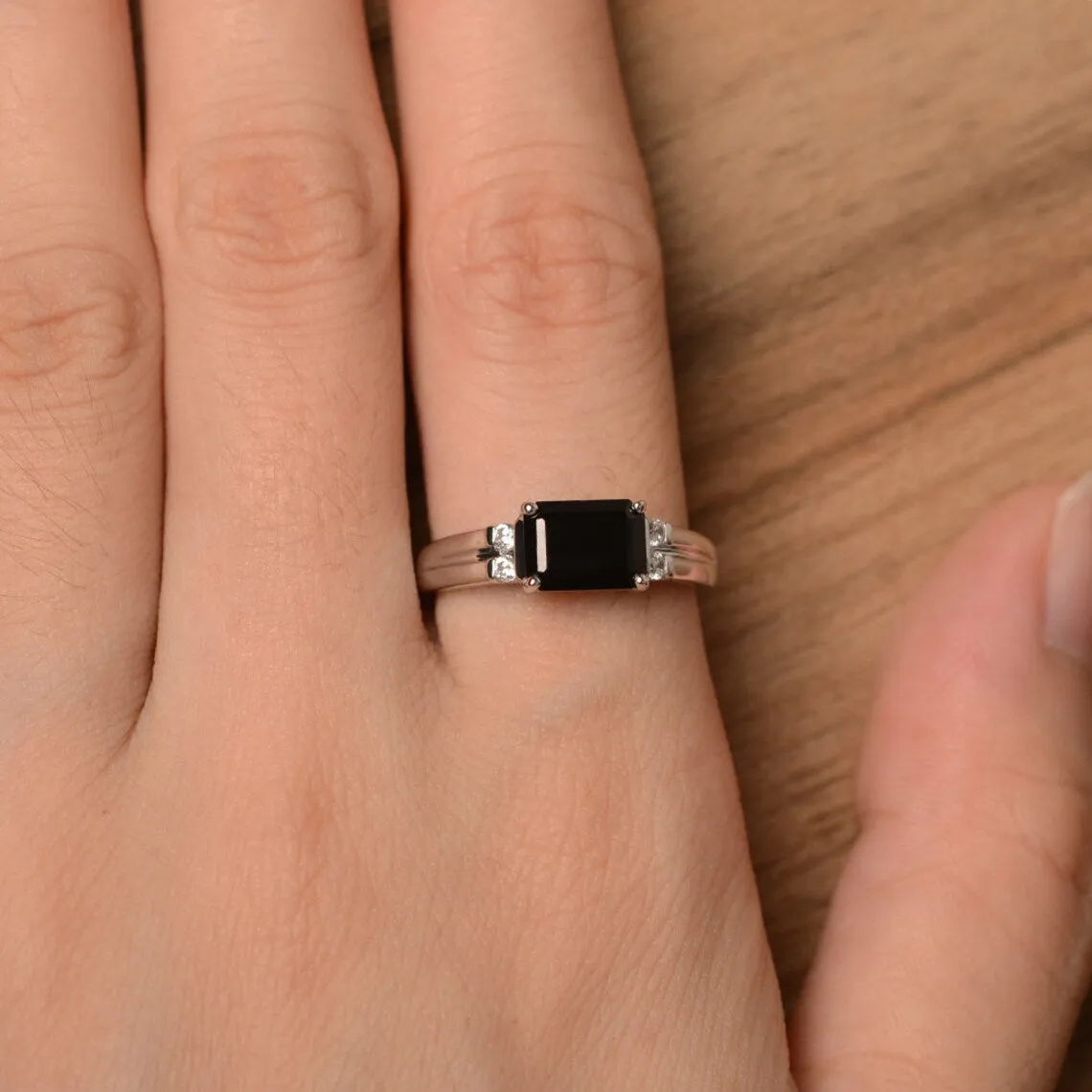 Natural Emerald Cut Black Onyx Solitaire Ring - 925 Sterling Silver Ring