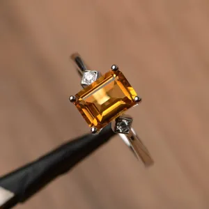 Natural Emerald Cut Prong Set Citrine Promise Statement Rings For Women -925 Sterling Silver Ring