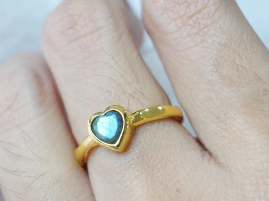 Natural Heart Cut Labradorite Bezel Set Solitaire  Ring - 14k Gold Vermeil Rings