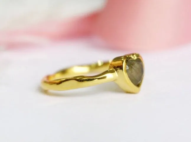 Natural Heart Cut Labradorite Bezel Set Solitaire  Ring - 14k Gold Vermeil Rings