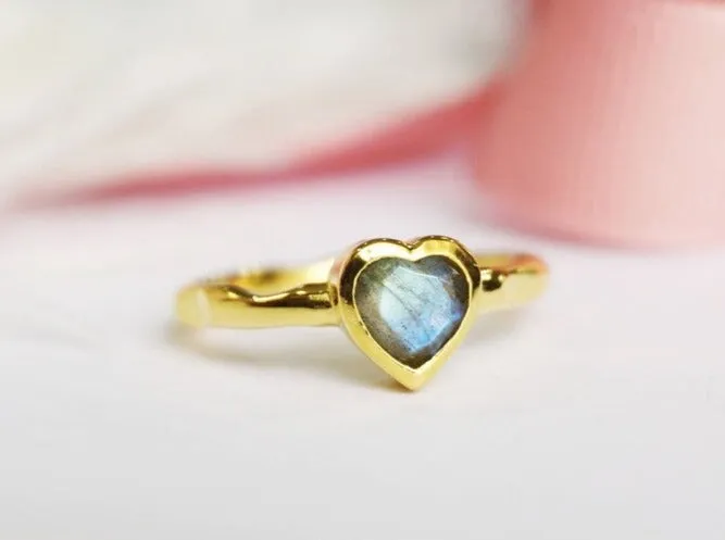 Natural Heart Cut Labradorite Bezel Set Solitaire  Ring - 14k Gold Vermeil Rings