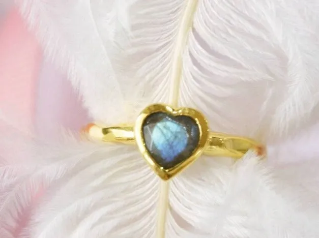 Natural Heart Cut Labradorite Bezel Set Solitaire  Ring - 14k Gold Vermeil Rings