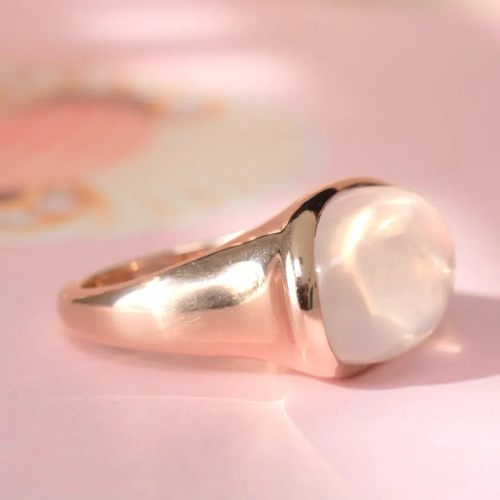 Natural Oval Cut Cabochon Rose Quartz Bezel Set Chunky Vintage Rings - 14k Rose Gold Vermeil Rings