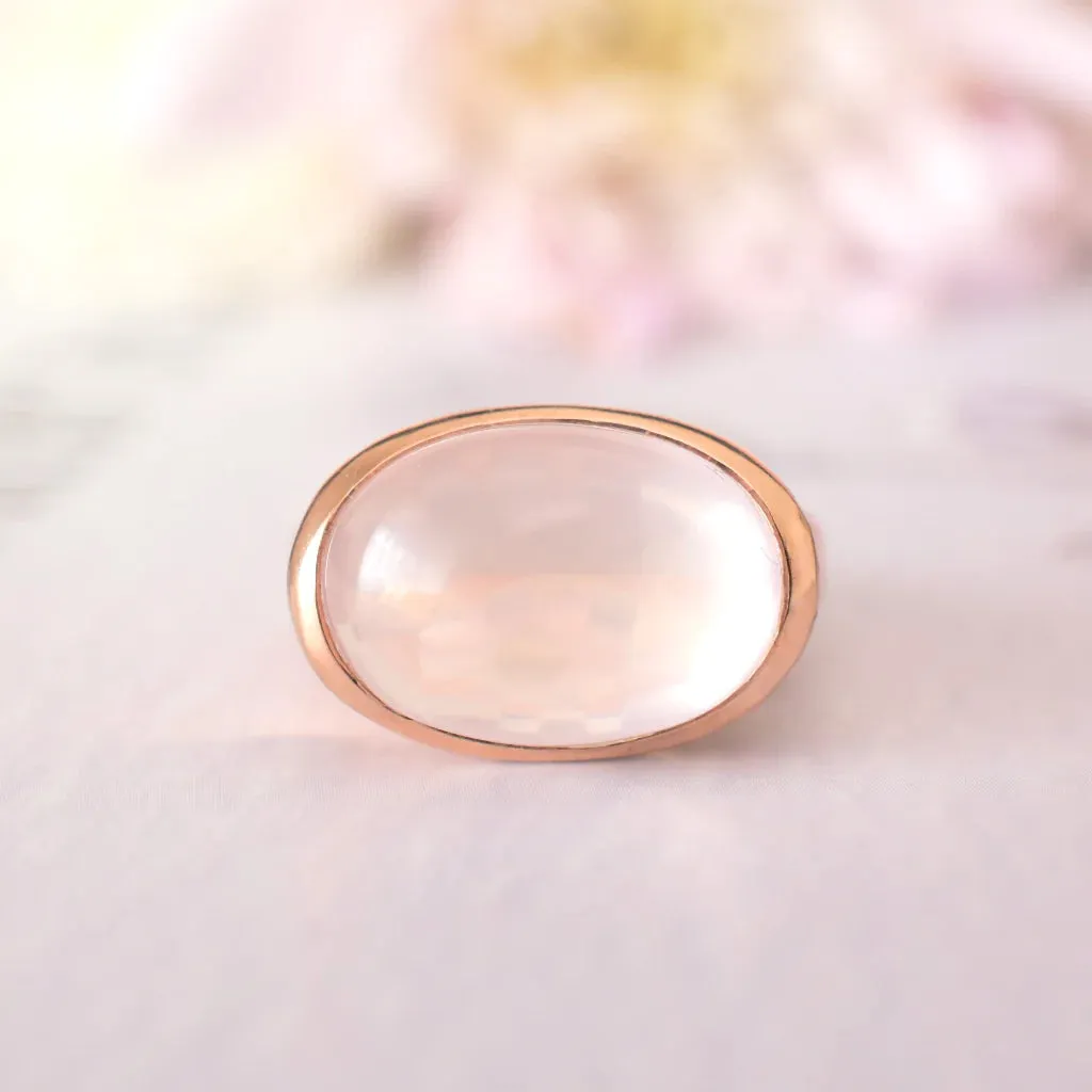 Natural Oval Cut Cabochon Rose Quartz Bezel Set Chunky Vintage Rings - 14k Rose Gold Vermeil Rings