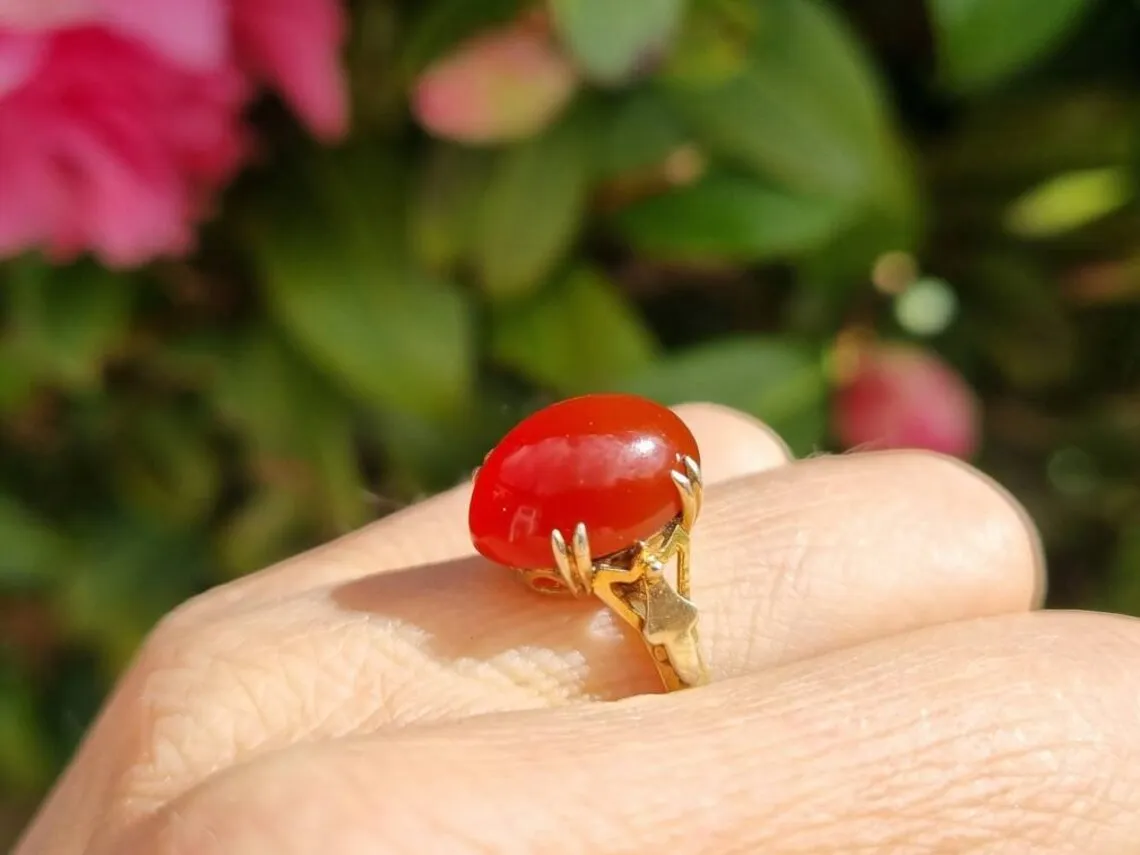 Natural Oval Cut Carnelian Prong Set Vintage Solitaire Ring - 14k Gold Vermeil Rings