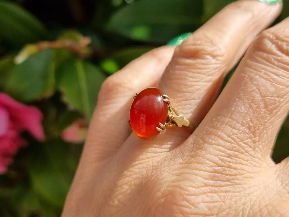 Natural Oval Cut Carnelian Prong Set Vintage Solitaire Ring - 14k Gold Vermeil Rings