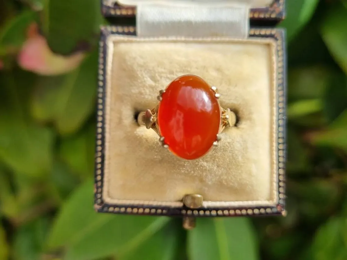 Natural Oval Cut Carnelian Prong Set Vintage Solitaire Ring - 14k Gold Vermeil Rings