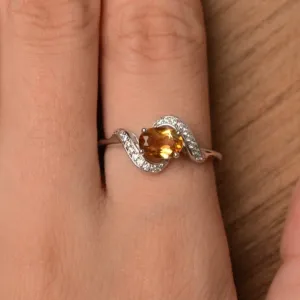 Natural Oval Cut Citrine Promise Statement Rings For Women - 925 Sterling Silver Ring