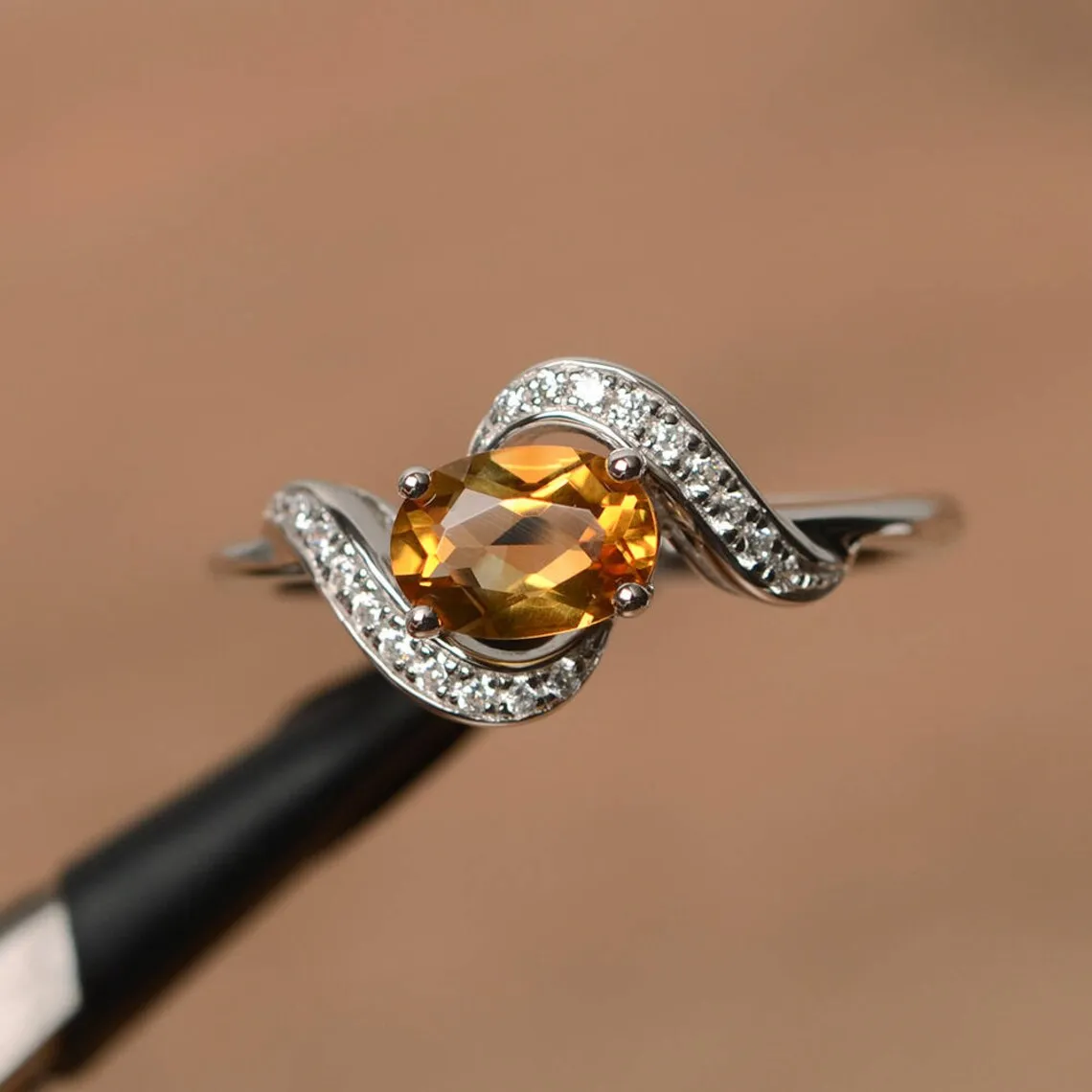 Natural Oval Cut Citrine Promise Statement Rings For Women - 925 Sterling Silver Ring