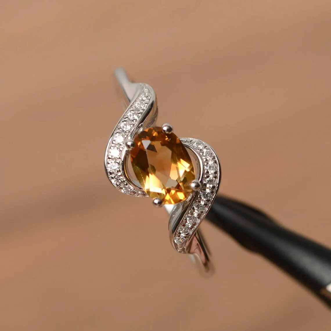 Natural Oval Cut Citrine Promise Statement Rings For Women - 925 Sterling Silver Ring