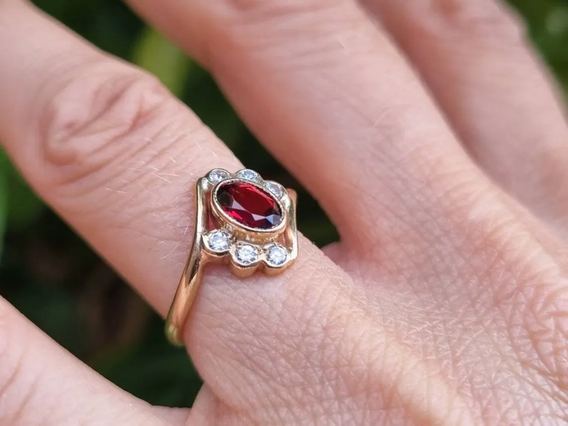 Natural Oval Cut Garnet Vintage Engagement Rings For Women - 14k Gold Vermeil  Ring