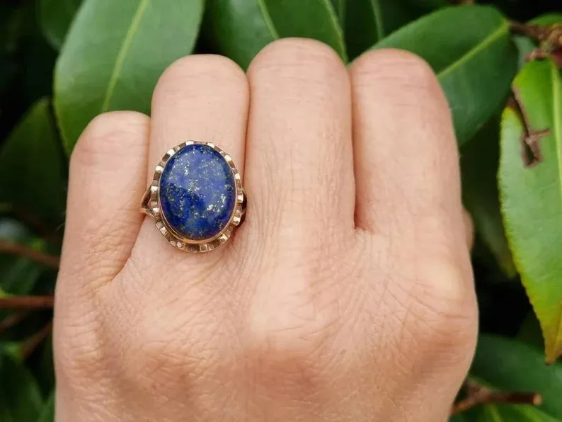 Natural Oval Cut Lapis Lazuli Bezel Set Cocktail Vintage Rings - 14k Gold Vermeil Rings For Women