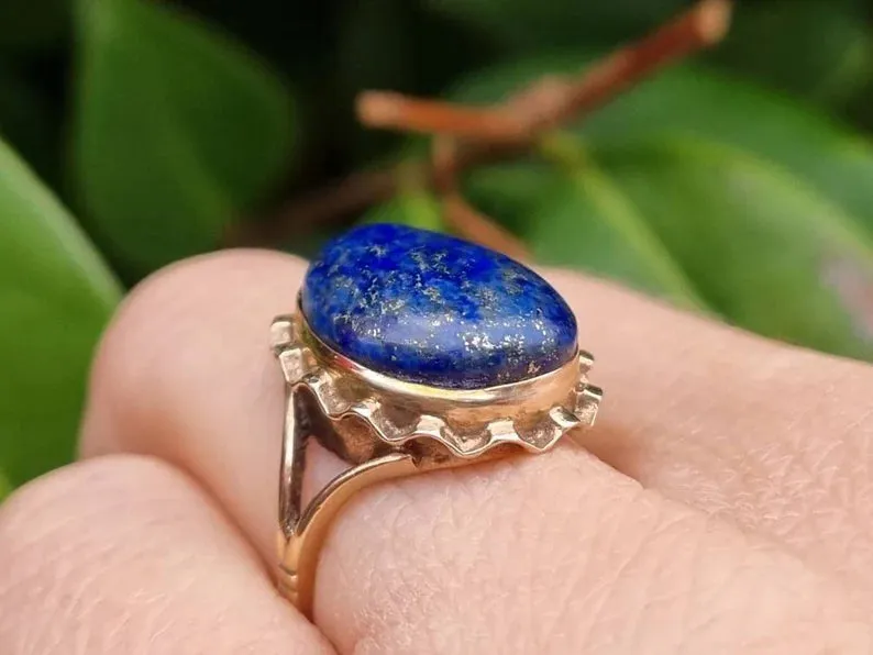 Natural Oval Cut Lapis Lazuli Bezel Set Cocktail Vintage Rings - 14k Gold Vermeil Rings For Women