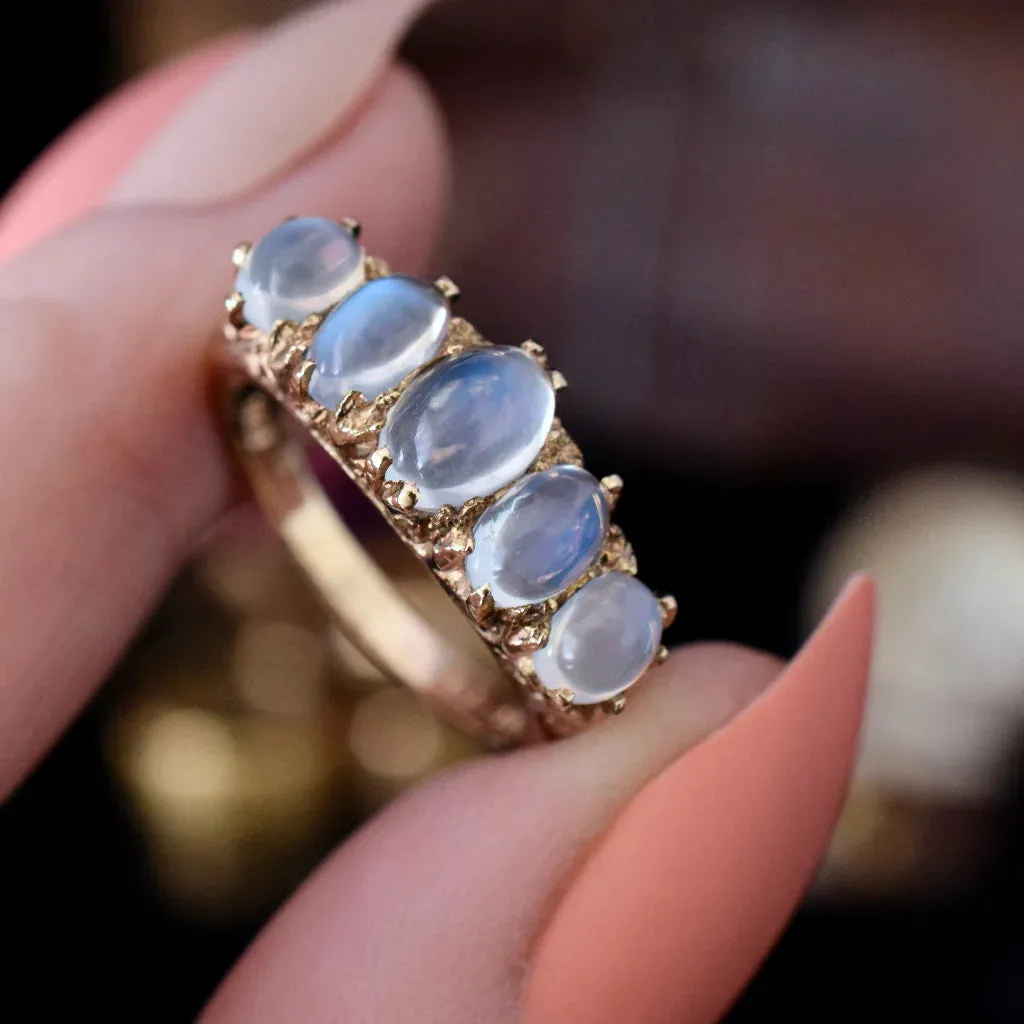 Natural Oval Cut Rainbow Moonstone Half Eternity Vintage Promise Ring - 14k Gold Vermeil Rings