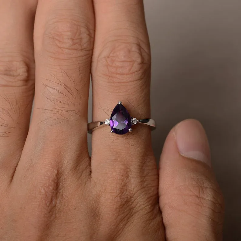 Natural Pear Cut Amethyst Engagement Ring - 925 Solid Sterling Silver