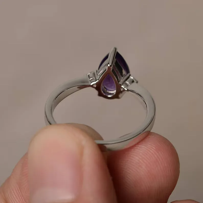 Natural Pear Cut Amethyst Engagement Ring - 925 Solid Sterling Silver