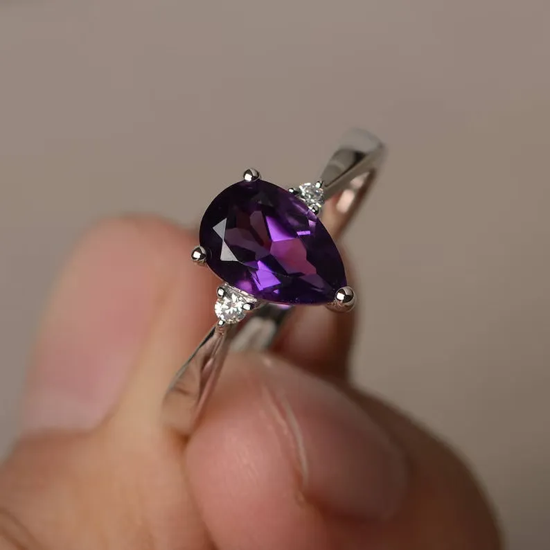 Natural Pear Cut Amethyst Engagement Ring - 925 Solid Sterling Silver