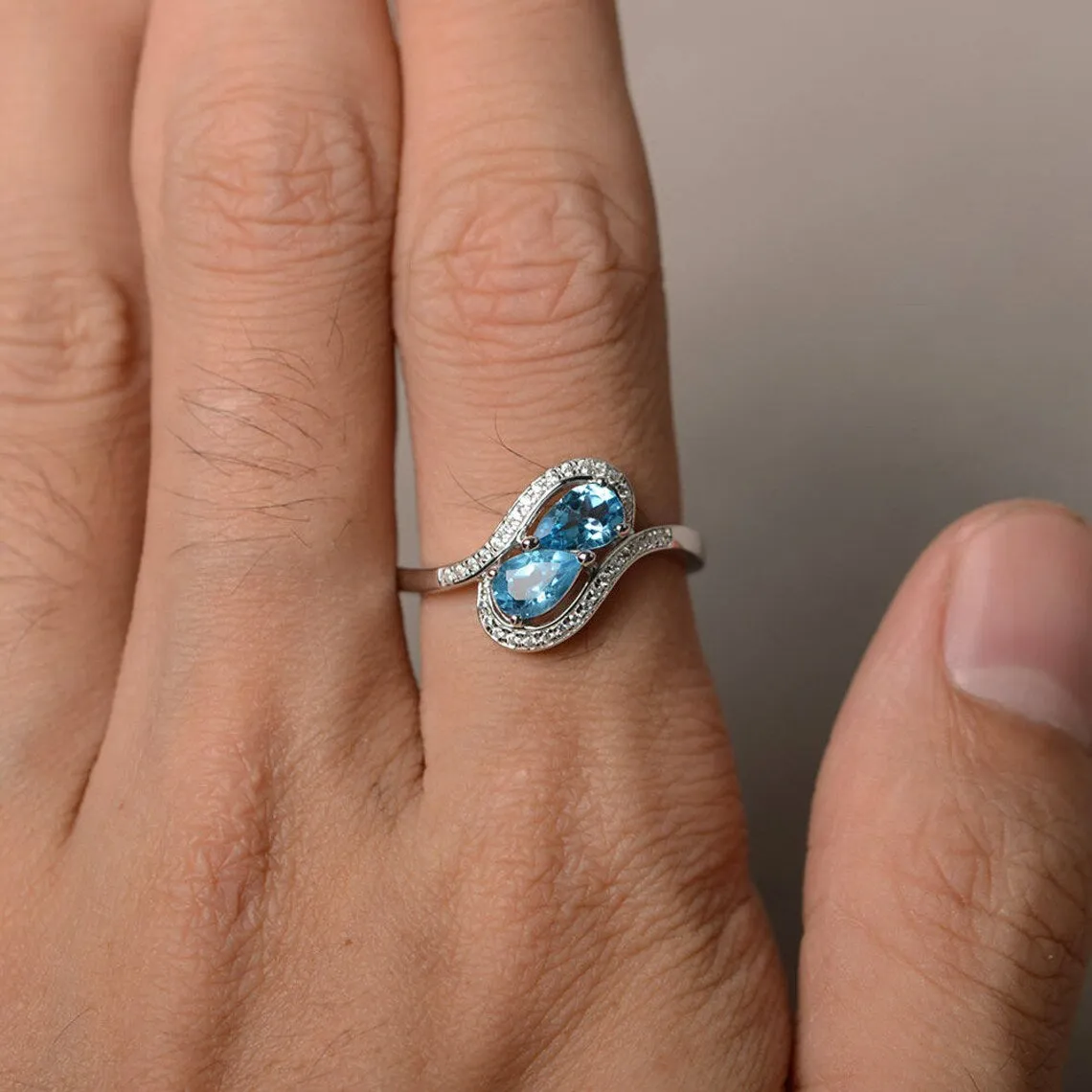 Natural Pear Cut Sky Blue Topaz Two Stone Ring - 925 Sterling Silver Ring