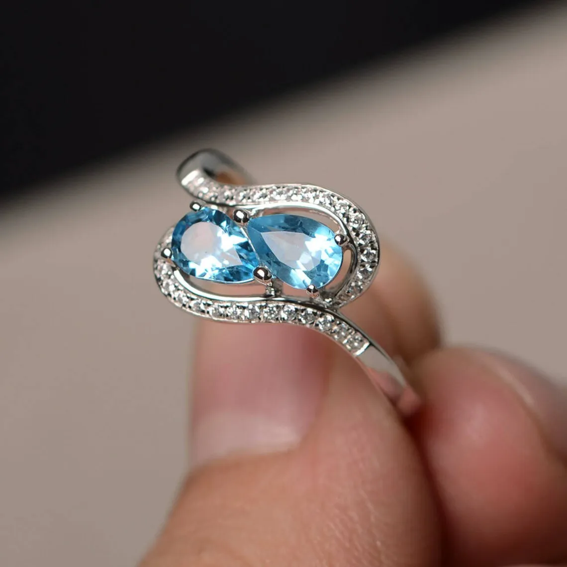 Natural Pear Cut Sky Blue Topaz Two Stone Ring - 925 Sterling Silver Ring