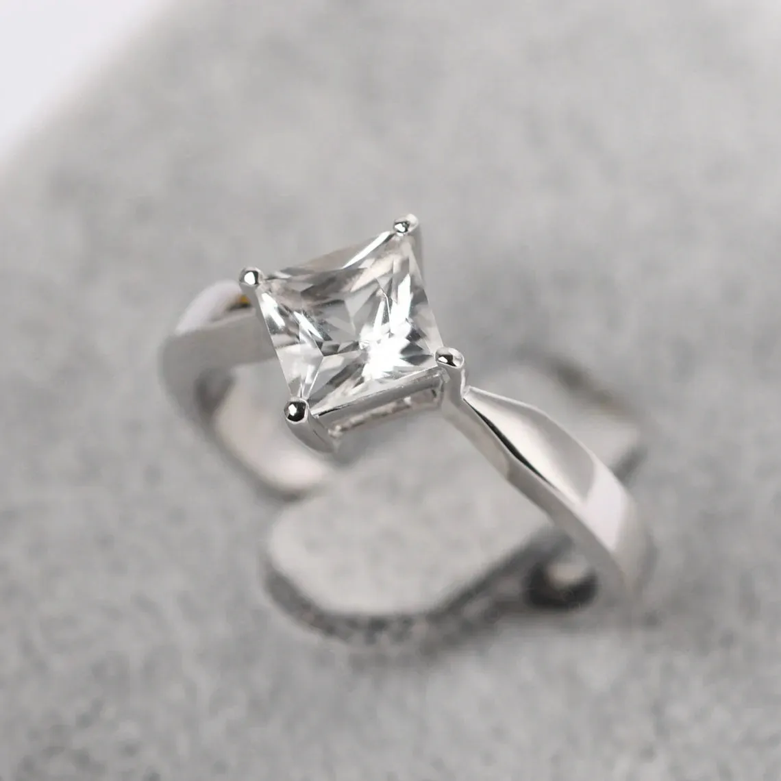 Natural Princess Cut White Topaz Promise Ring - 925 Sterling Silver Ring