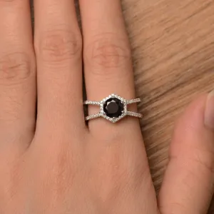 Natural Round Cut Black Onyx Split Band Wedding Cluster Ring - 925 Sterling Silver Ring