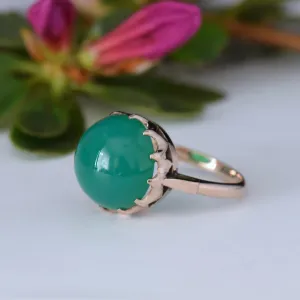 Natural Round Cut Cabochon Green Onyx Vintage Solitaire Rings - 14k Rose Gold Vermeil Rings