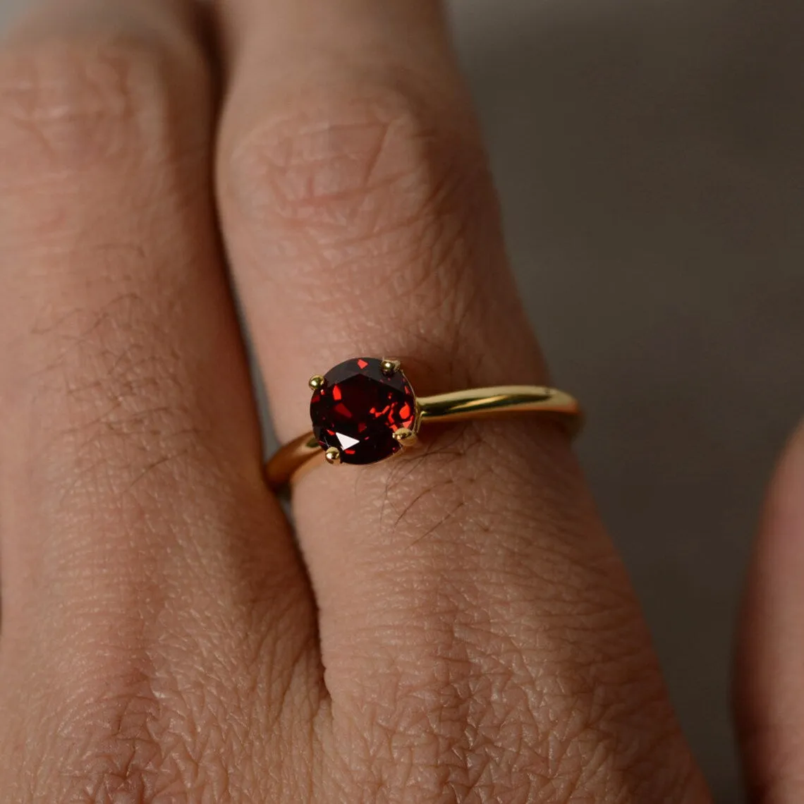 Natural Round Cut Garnet Solitaire 14k Gold Vermeil Rings