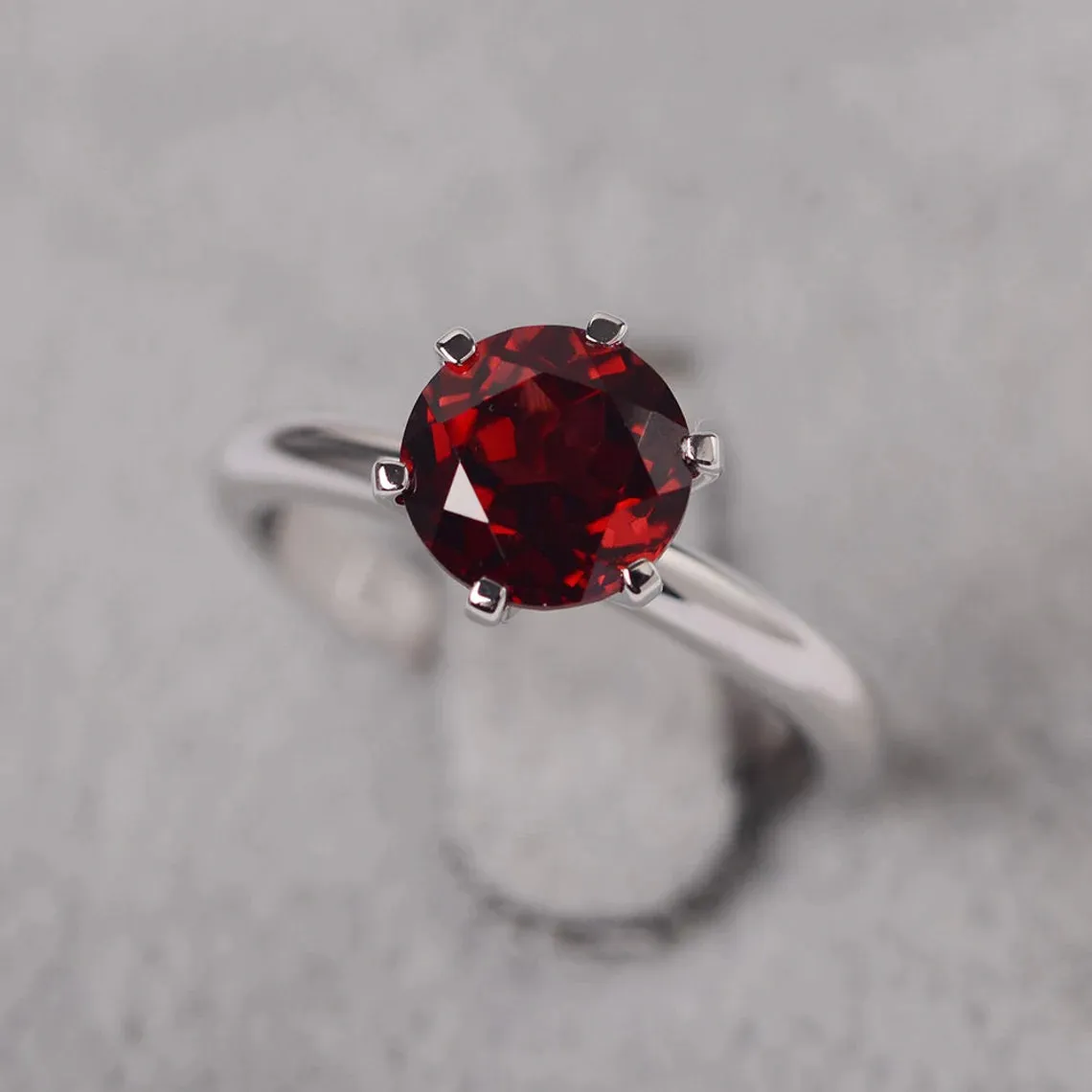 Natural Round Cut Garnet Solitaire Ring - 925 Sterling Silver Ring