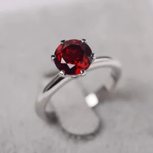 Natural Round Cut Garnet Solitaire Ring - 925 Sterling Silver Ring