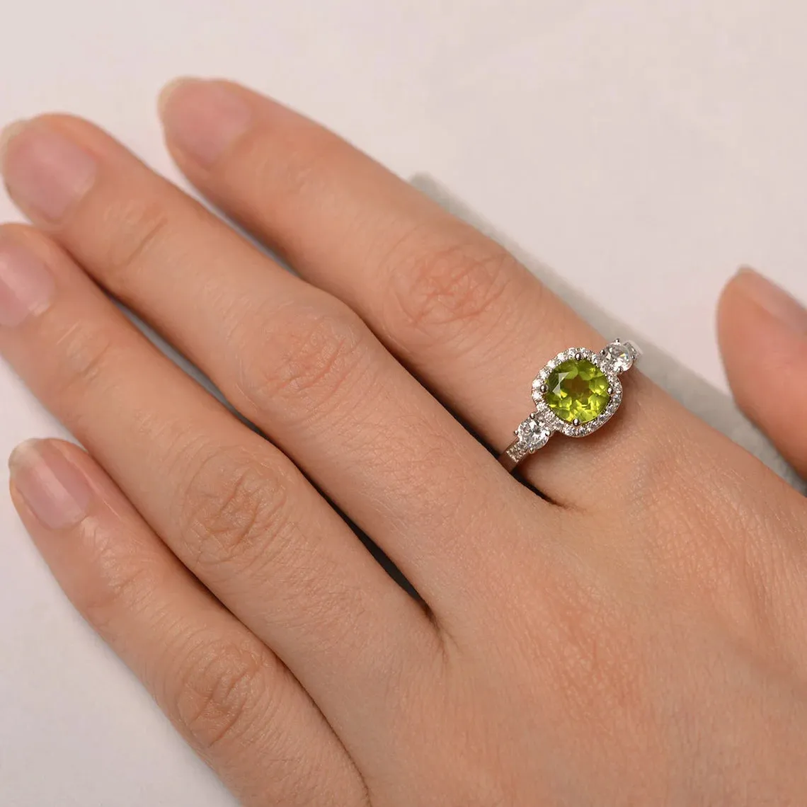 Natural Round Cut Peridot Wedding Halo Ring - 925 Sterling Silver Ring