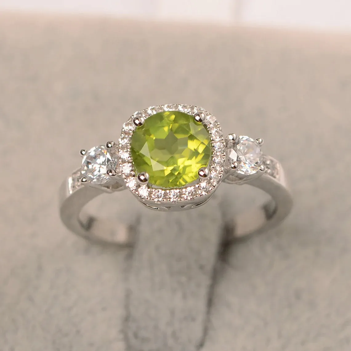 Natural Round Cut Peridot Wedding Halo Ring - 925 Sterling Silver Ring