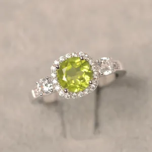 Natural Round Cut Peridot Wedding Halo Ring - 925 Sterling Silver Ring