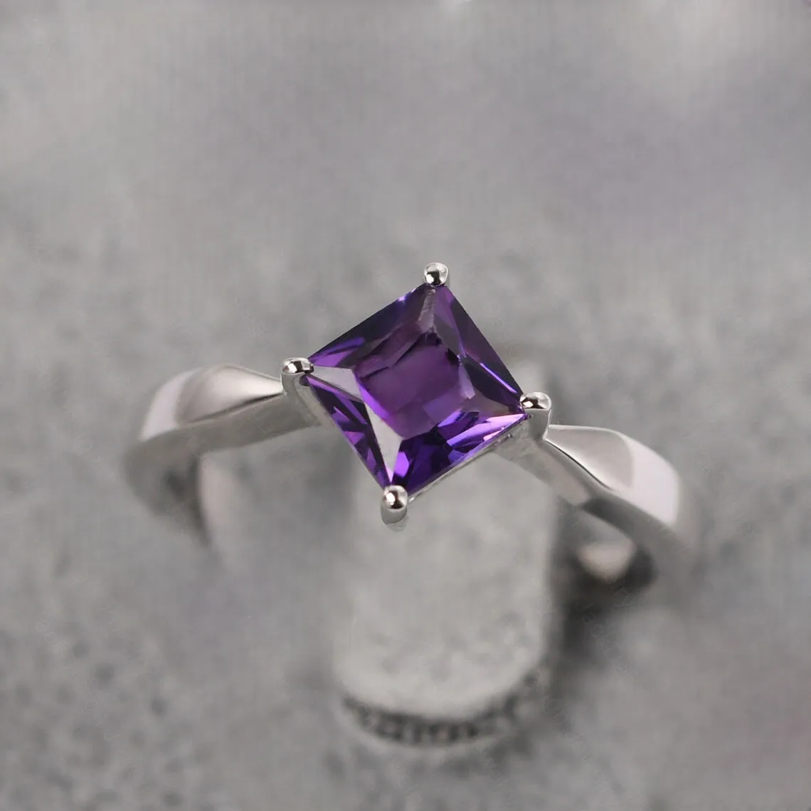 Natural Square Cut Amethyst Engagement Ring - 925 Sterling Silver Ring