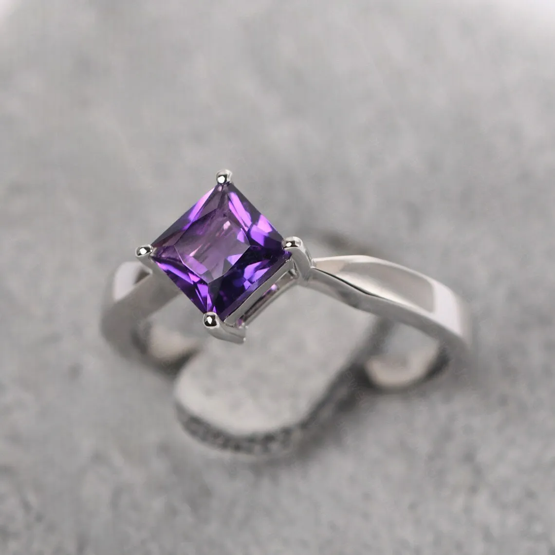 Natural Square Cut Amethyst Engagement Ring - 925 Sterling Silver Ring