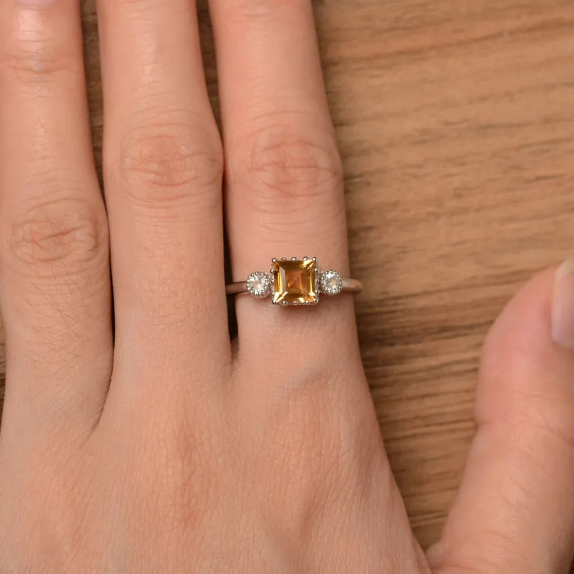 Natural Square Cut Citrine Three Stone 925 Sterling Silver Promise Ring