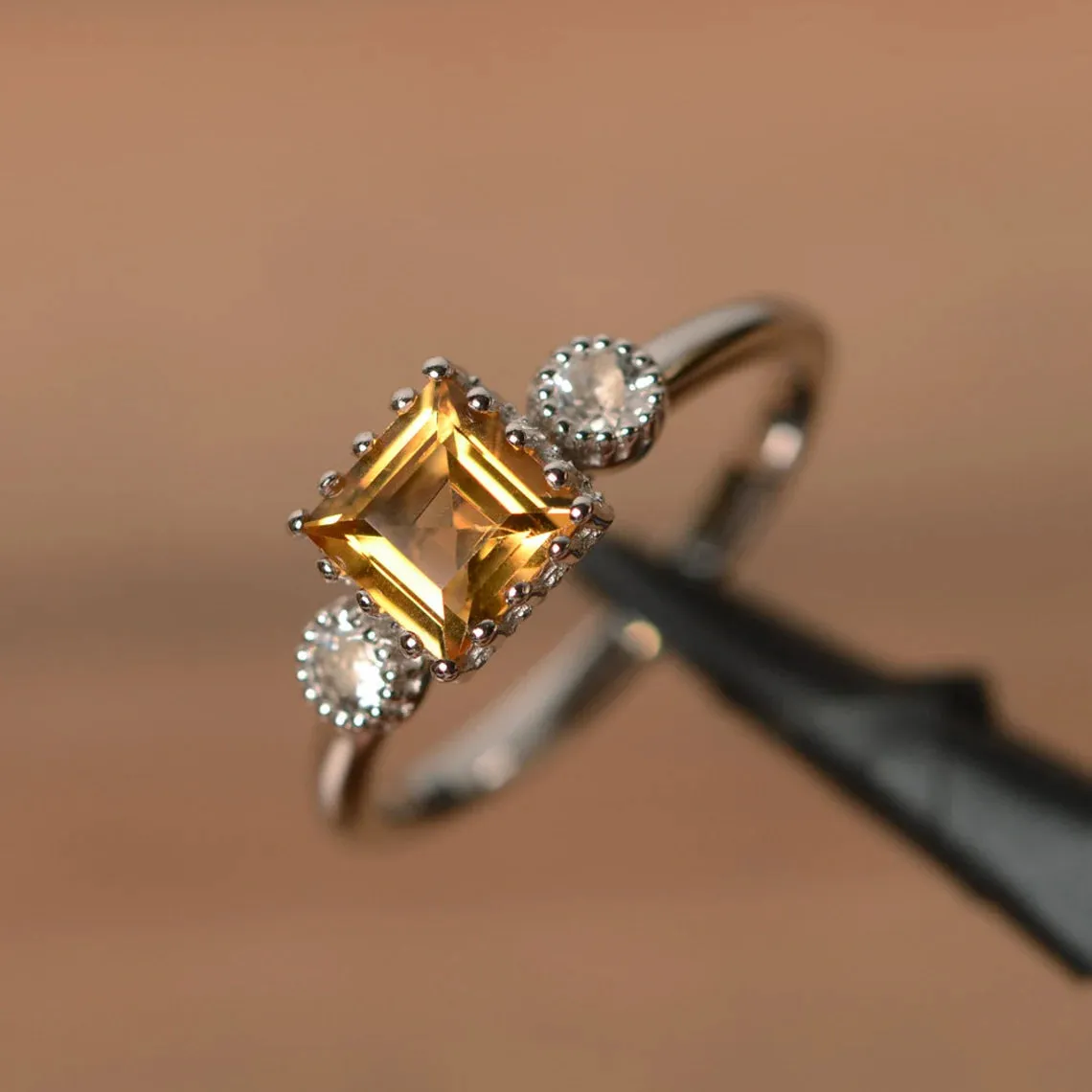 Natural Square Cut Citrine Three Stone 925 Sterling Silver Promise Ring