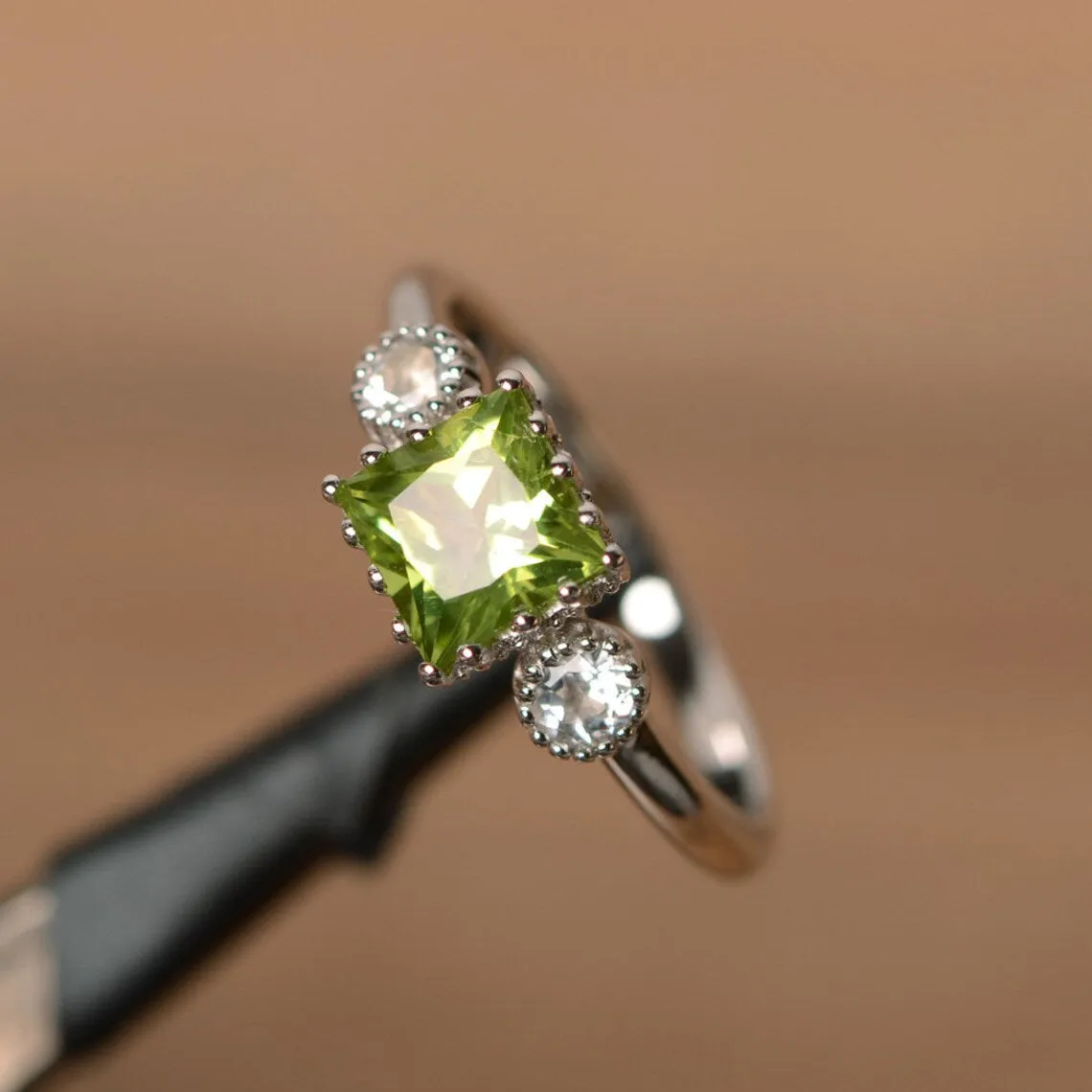 Natural Square Cut Peridot Promise Ring - 925 Sterling Silver Ring