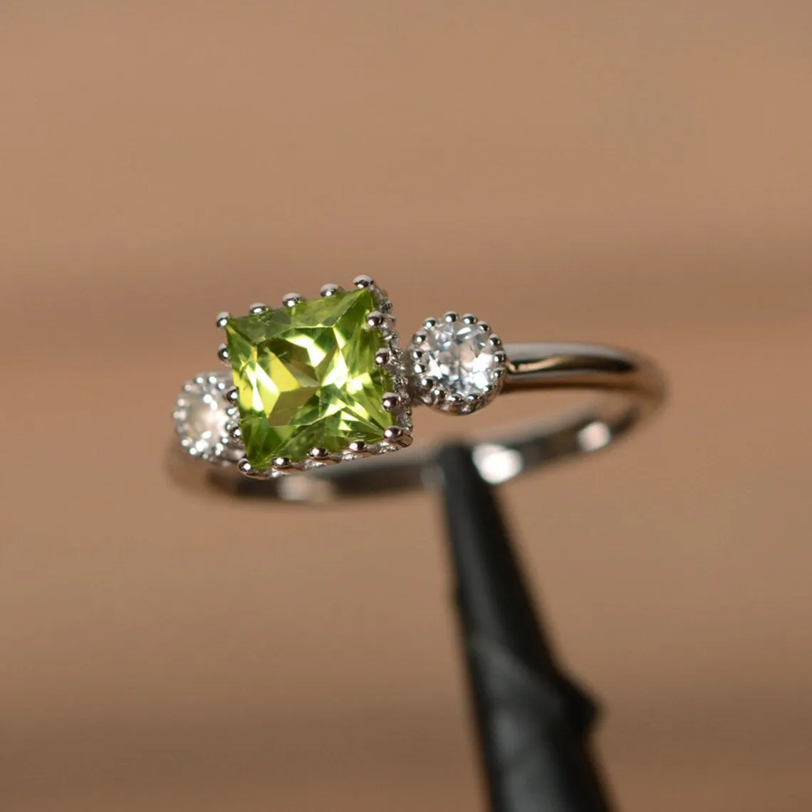 Natural Square Cut Peridot Promise Ring - 925 Sterling Silver Ring