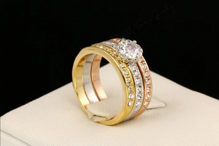 New Anti Allergy 3 Rounds CZ Diamond Paved Engagement Rings Sets Rose Gold Plated Crystal Wedding Jewelry For Women Anel