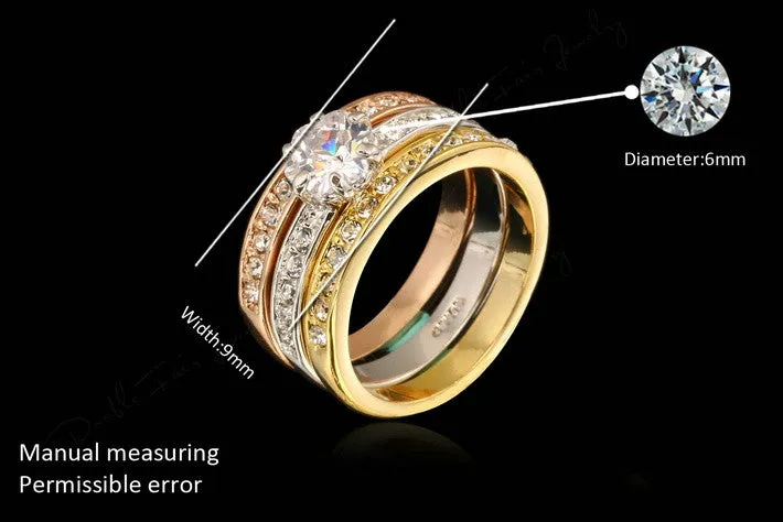 New Anti Allergy 3 Rounds CZ Diamond Paved Engagement Rings Sets Rose Gold Plated Crystal Wedding Jewelry For Women Anel