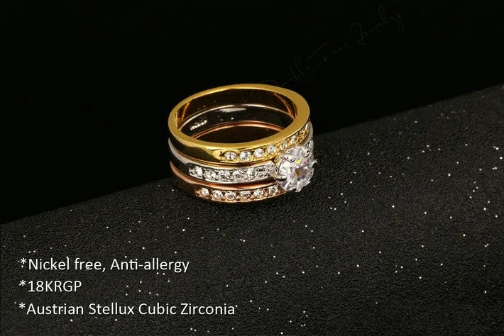 New Anti Allergy 3 Rounds CZ Diamond Paved Engagement Rings Sets Rose Gold Plated Crystal Wedding Jewelry For Women Anel