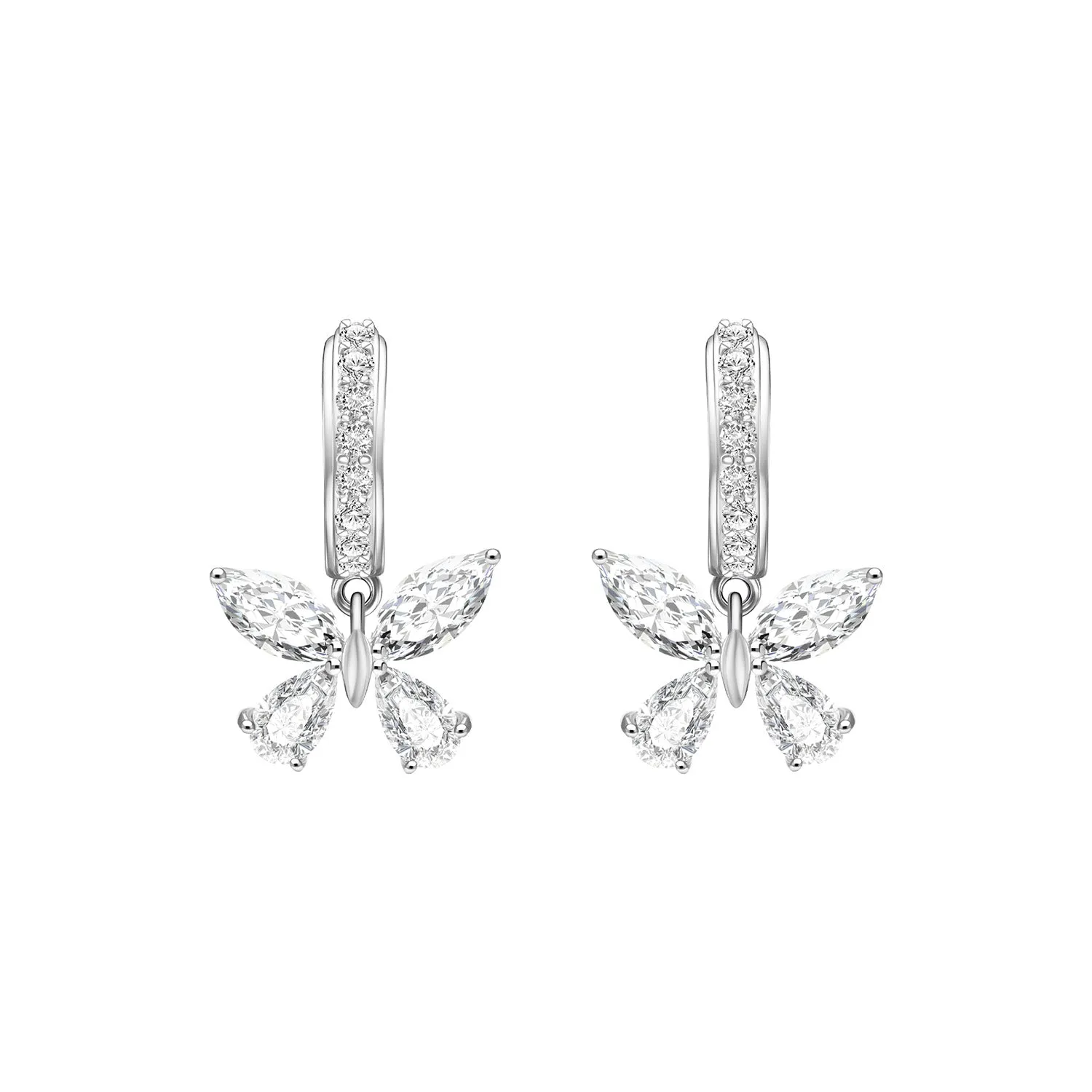 Papillon: Silver rhodium plated with Marquise-cut CZ glasswing butterfly hoop earrings