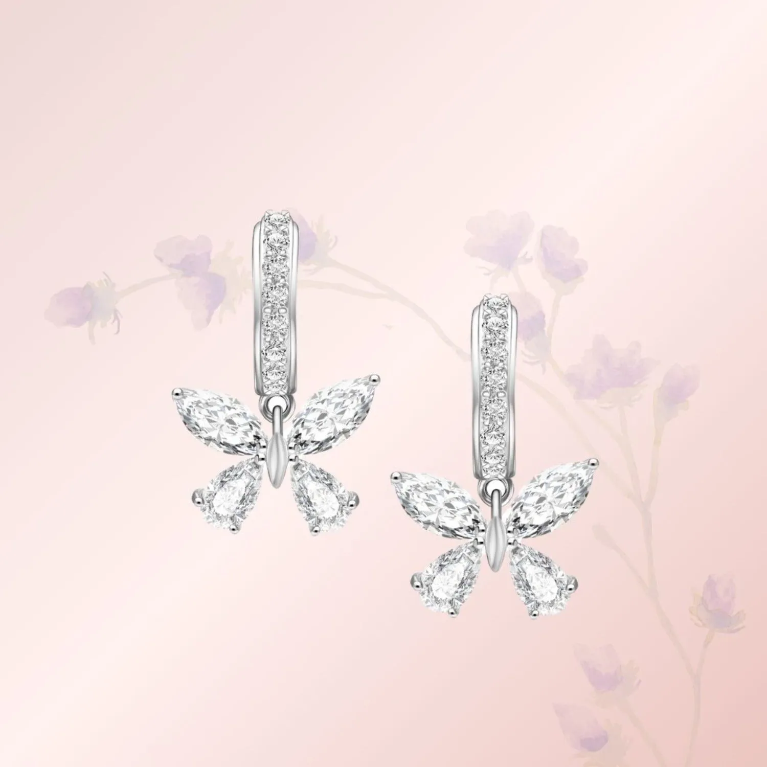 Papillon: Silver rhodium plated with Marquise-cut CZ glasswing butterfly hoop earrings